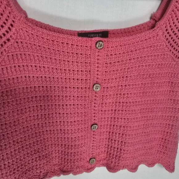 Forever 21 Pink Crocheted Cropped Top Size Large Front Button Accents Boho Y2K - Picture 3 of 10
